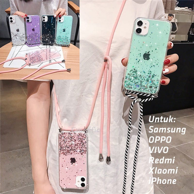 Casing Softcase Vivo Y91 Y95 Y19 Y20 V17 V19 DLL Transparan Aksen Glitter Dengan Tali Lanyard