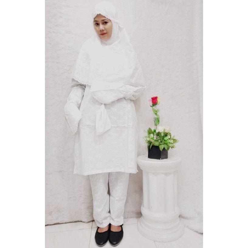 baju stelan ihrom haji umroh wanita bahan katun paris full set motif bordir semua