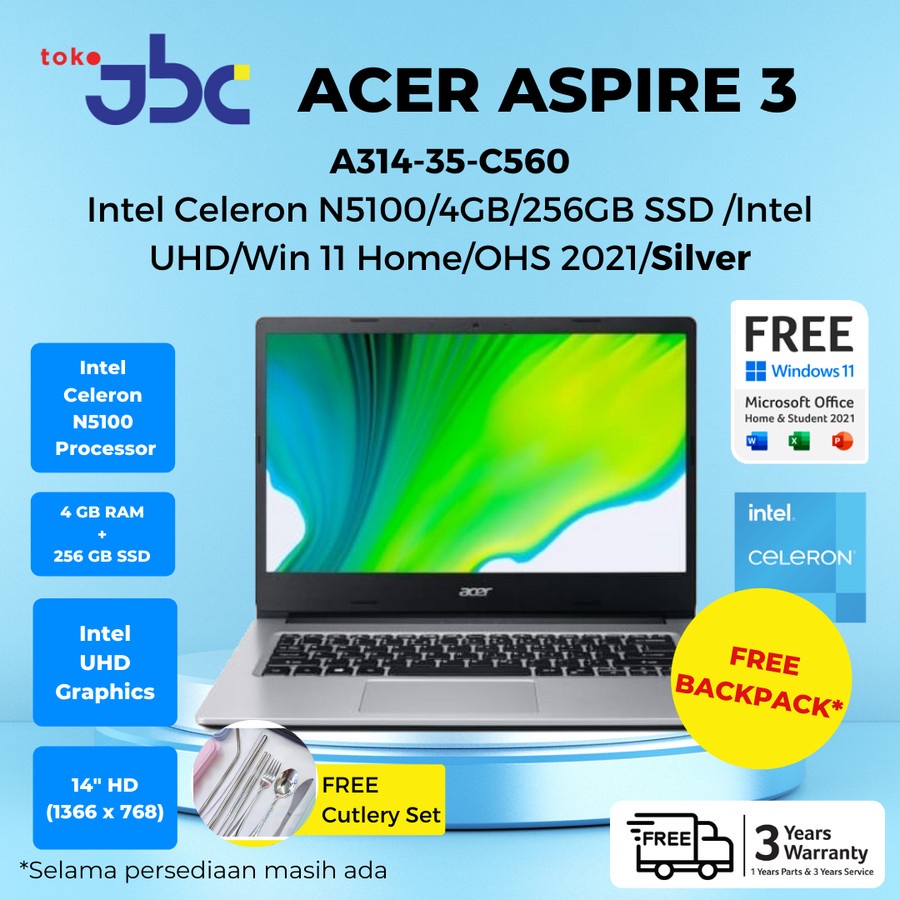 ACER Laptop A314-35-C560 [14&quot;/N5100/4GB/256GB/W11] NX.A7SSN.00G