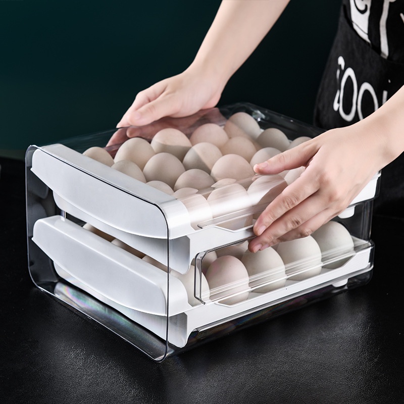 Tempat Telur 2 Tingkat Kotak Penyimpanan Telur Laci Double-Deck Home Egg Box Rak Transparan Rak Telur Rak Telur Kulkas