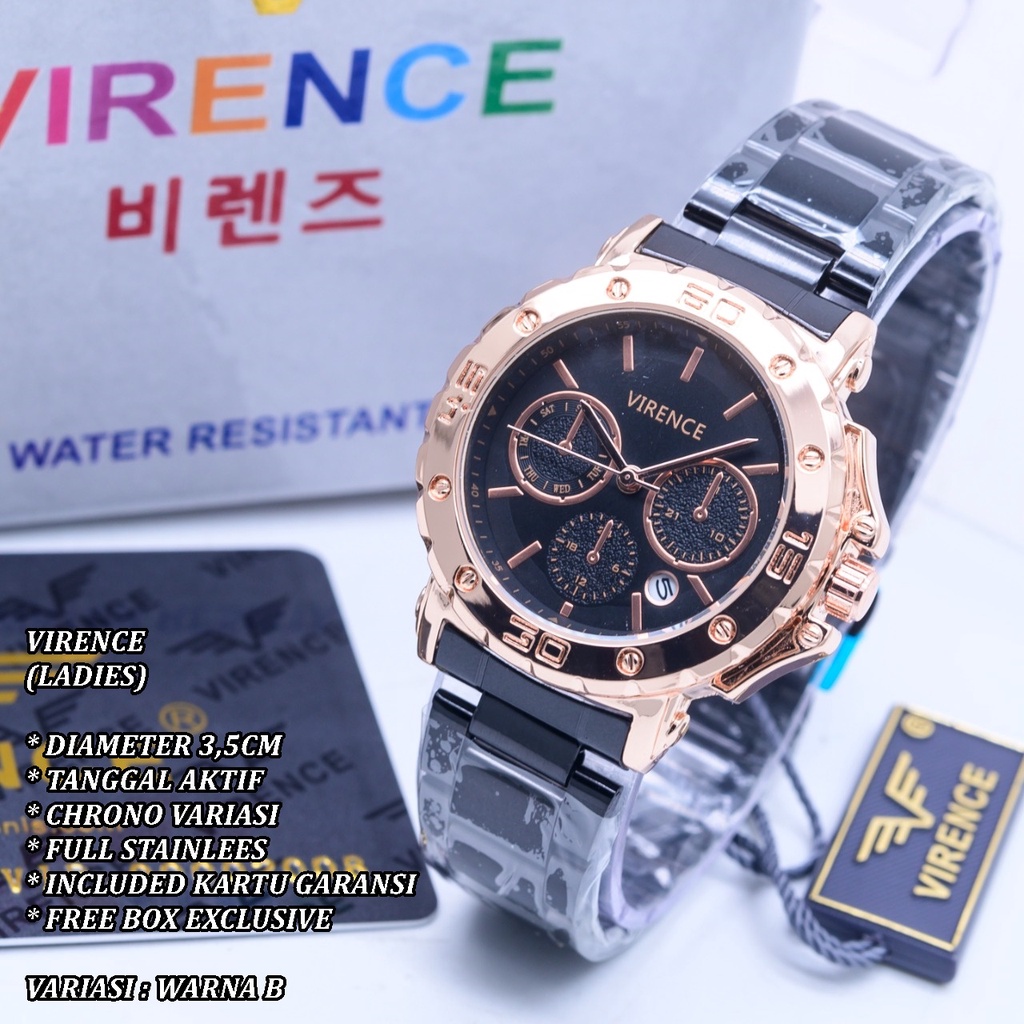 (FREE BOX) JAM TANGAN WANITA VIRENCE RANTAI BODY BULAT TANGGAL AKTIF CHRONO VARIASI