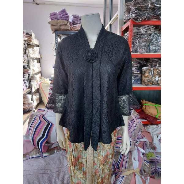 (BrTr92/100/110) Kebaya Floy Brokat GLITTER  7/8 busui TEROMPET KeroncongBusana-Hitam