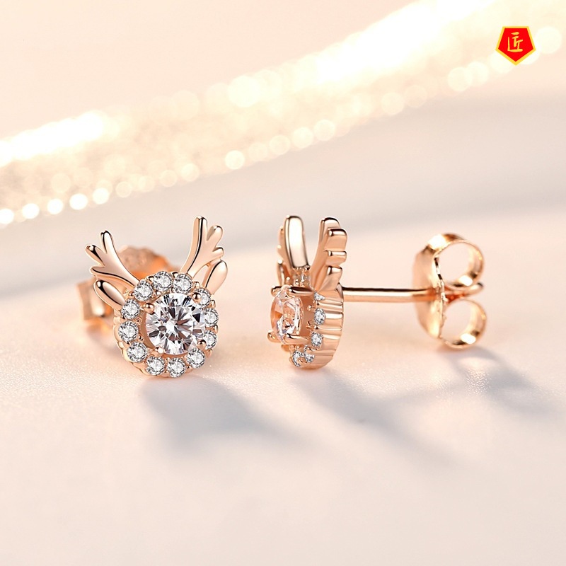 [Ready Stock]New 925 Silver Rose Gold Diamond Elk-Shaped Stud Earrings