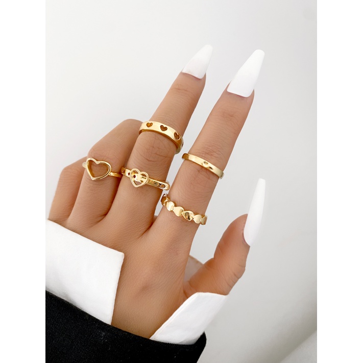 YEEZII 5pcs / Set Cincin Model Terbuka Desain Hati Hollow Asimetris Adjustable Warna Gold / Silver Untuk Wanita