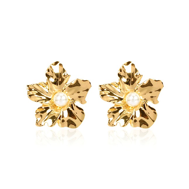 LRC Anting Tusuk Fashion Golden Alloy Round Diamond Earrings K44366