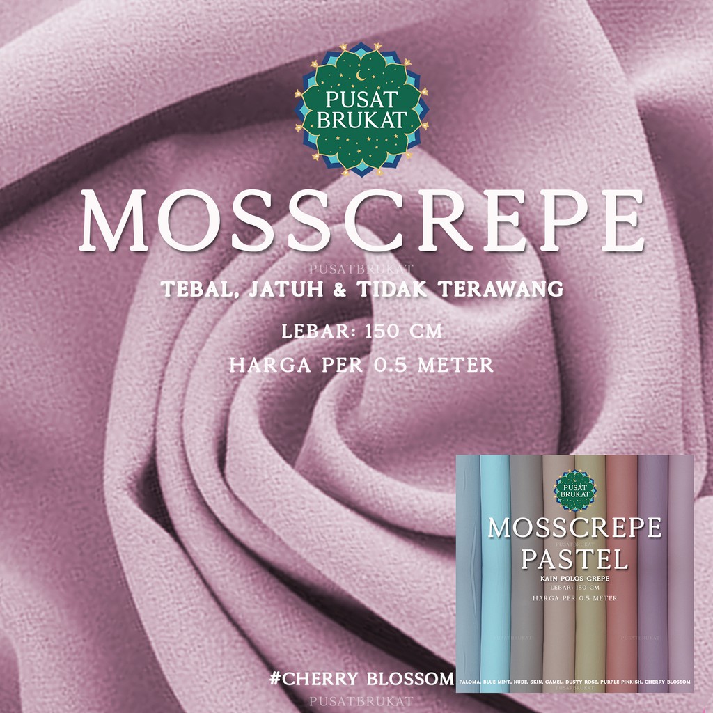 KAIN MOSSCREPE PASTEL / BAHAN CREPE / MOSS CREPE PASTEL, LEBAR: 150CM [harga per 0.5m]