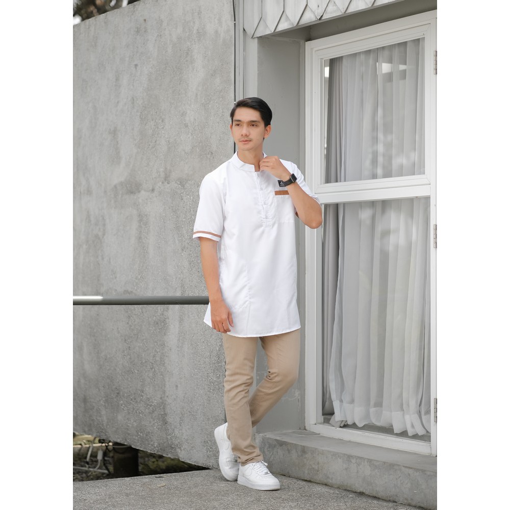 Baju Koko Muslim Pria / Baju Koko Kurta Kasual Muslim Gratis Ongkir + COD - Soleh Abu Bakar White