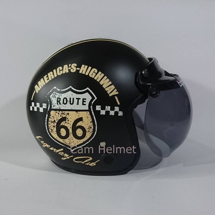 Excelent Helm Bogo Retro Route 66 Black doff   Kaca Bogo original