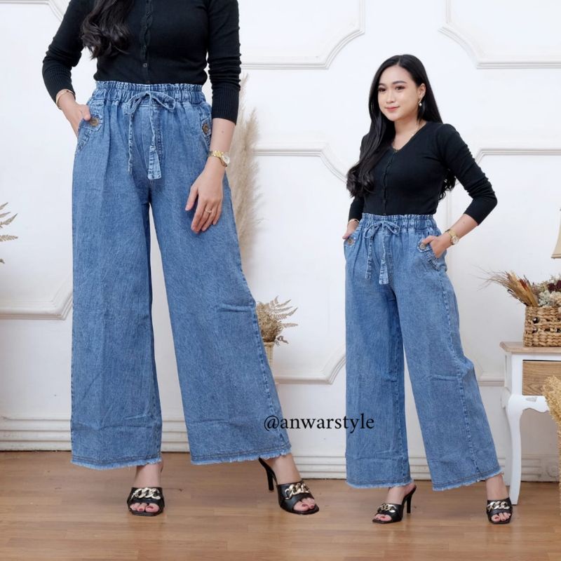 Highwaist Celana Kulot Jens Wanita Rawis Premium