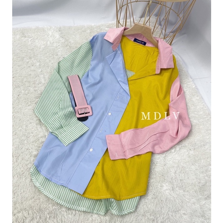 MDLV ~ 2490 Estrillian Patchwork Shirt Free Belt Women Rainbow Shirt Cotton / Kemeja Lengan Panjang