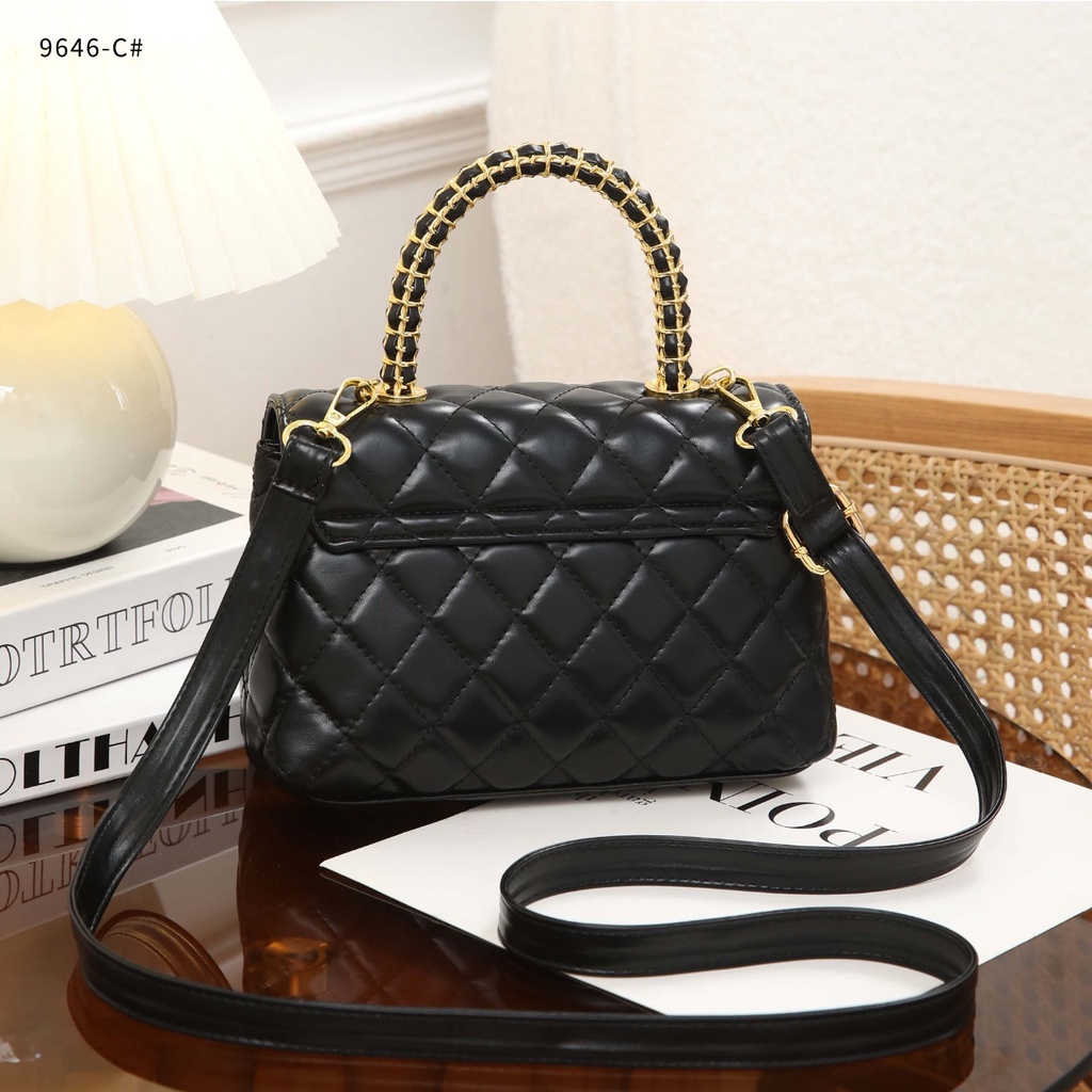 C Flap Bag 9646-C With Top Handle Calfskin &amp; Gold-tone Metal Black