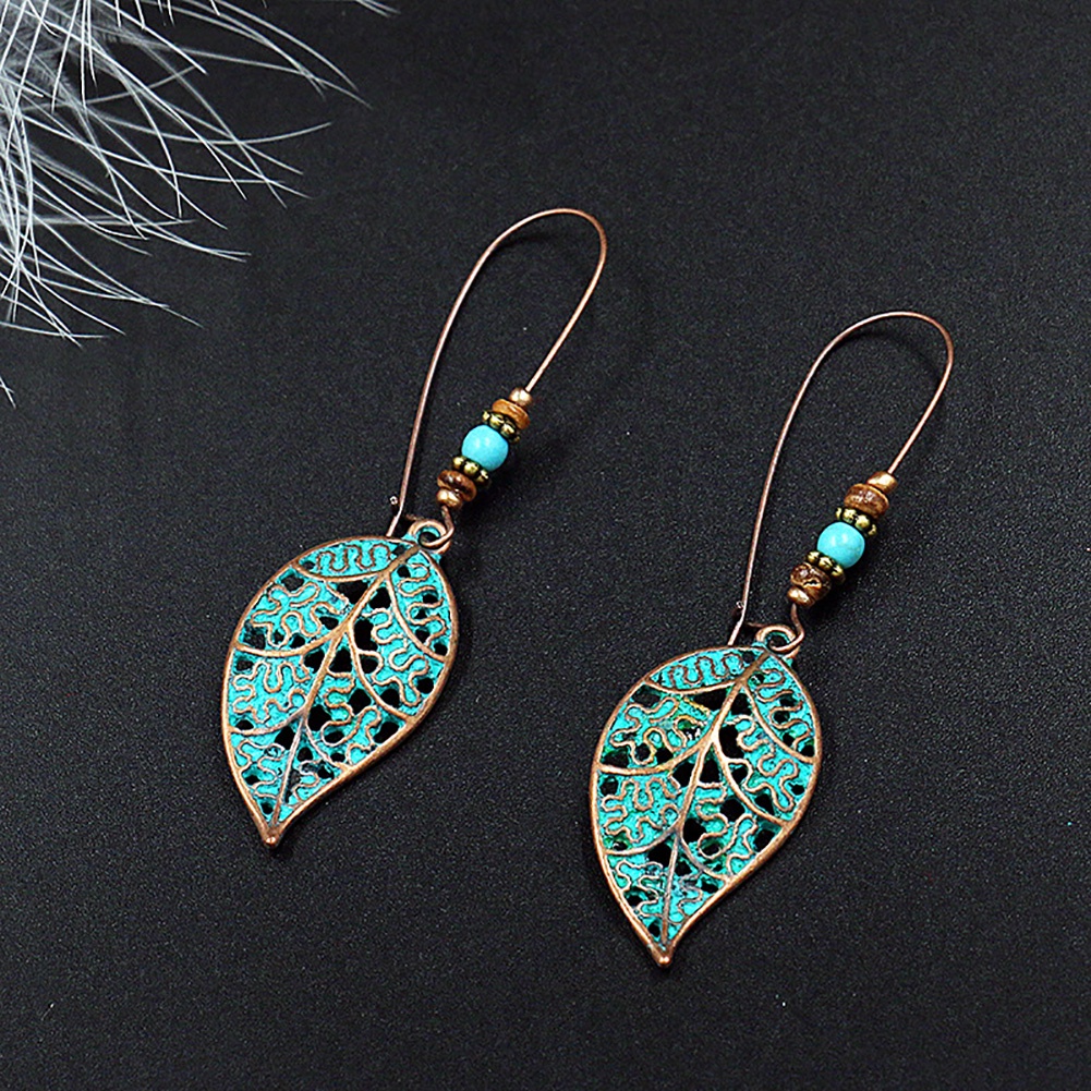 Hu Hu Hu Hu Hu Alat Bantu Pasang Kacamata♡ Anting Kait Gantung Statement Desain Daun Hollow Hias Turquoise Imitasi Gaya Retro Untuk Wanita