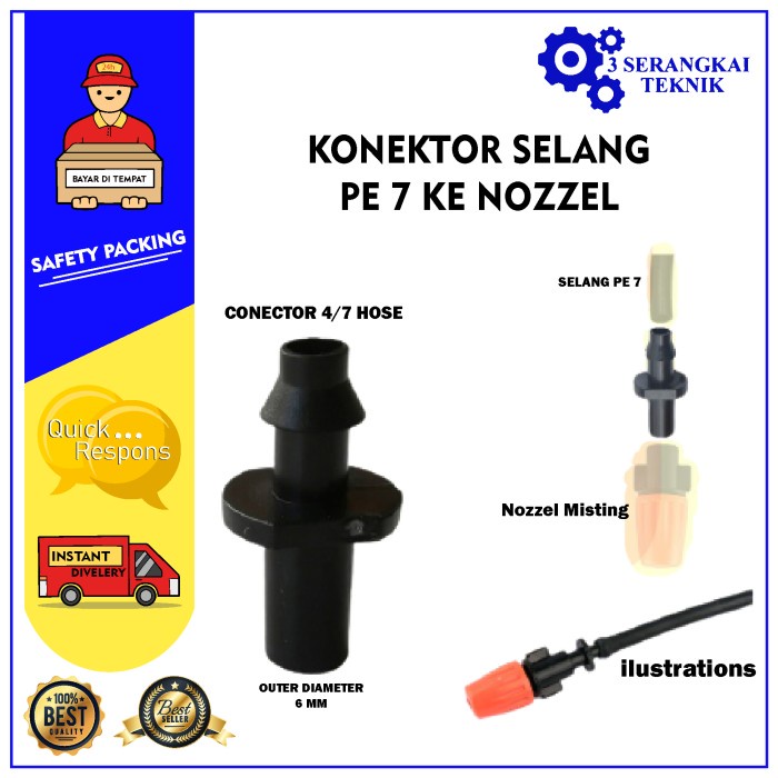 NEPEL LURUS / FLAT NOZZLE 6mm MISTING KE SELANG 4/7 ATAU PE 7