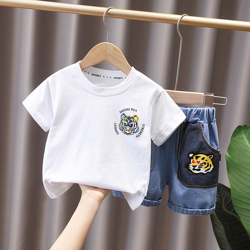 Setelan Anak Laki Laki Jeans Set LEON Baju Anak Musim Panas Korean Style Import