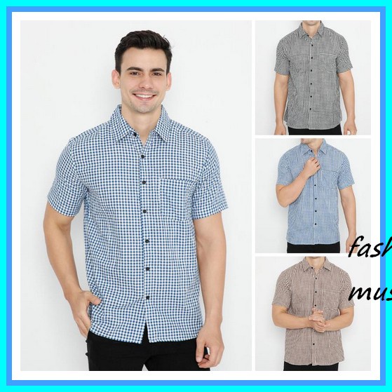 Kemeja Cowok Polos Lengan Panjang Slimfit Hem Pria Kantor Hitam Navy Putih Maron Army Gingham Check 