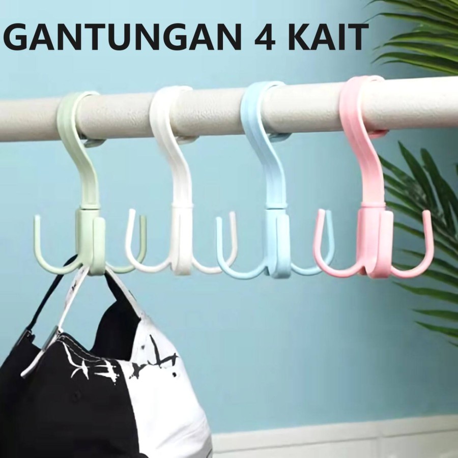 GANTUNGAN 4 KAIT SERBAGUNA / GANTUNGAN PUTAR 360 DERAJAT / HANGER LEMARI PAKAIAN SEPATU TAS HOOK 4 KAIT GANTUNGAN HOOK