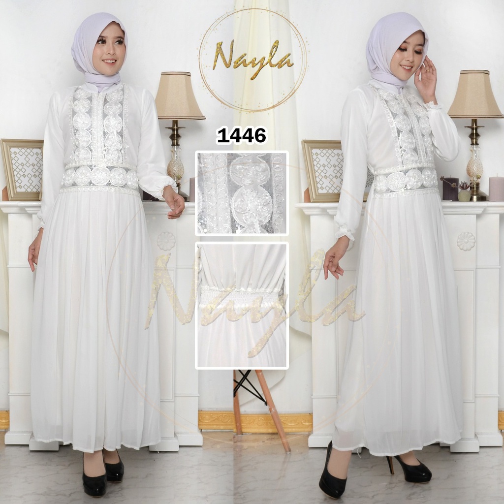 NAYLA Baju Gamis Putih Wanita Gamis Plisket Gamis Pesta Busana Muslim Brukat Lebaran Umroh Murah #1446