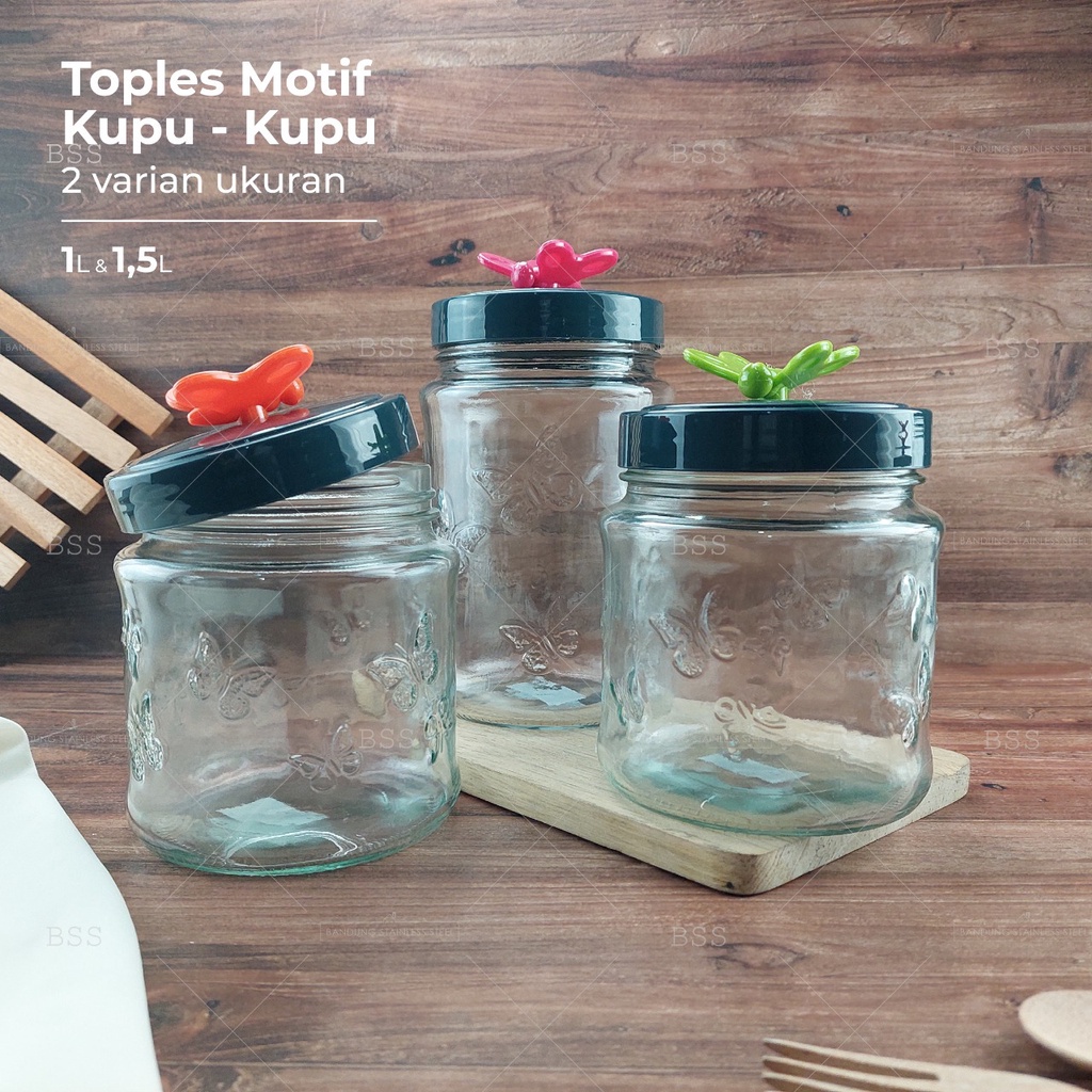 Toples Kaca 1L 1.5L Wadah Simpan Makanan Kue Kering Cemilan Lebaran Kedap Udara Warna Random