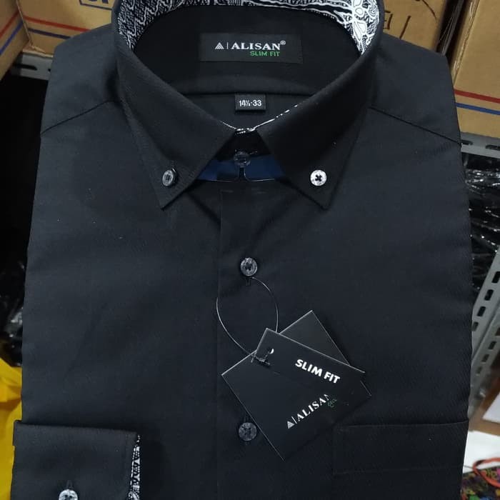 KBP-0518 Kemeja Pria Alisan Slimfit Hitam Dobby Ulir Miring Kombinasi Batik - Hitam- L
