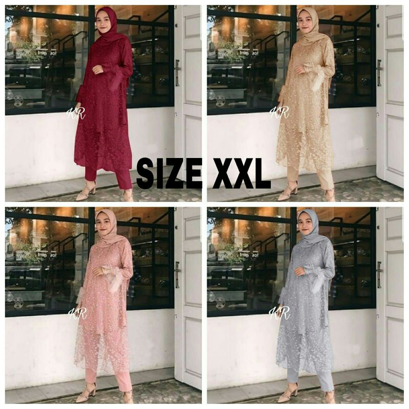 ST Set Stelan Atasan Tunik Celana Moscrepe Brukat Mutiara Shalom