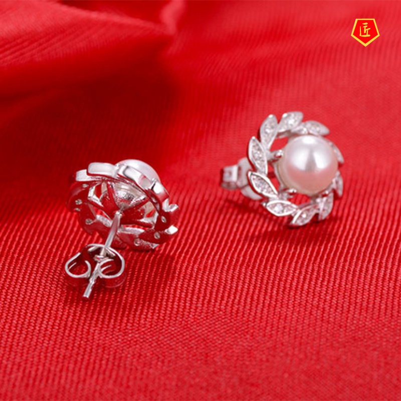 [Ready Stock]Sweet 925 Silver Sprout Leaf Pearl Ear Studs