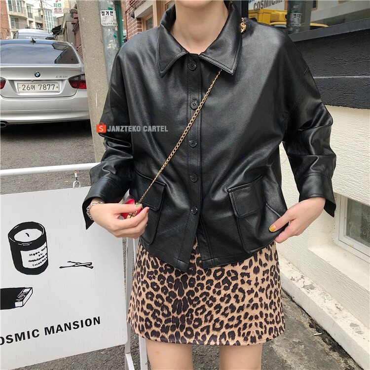 JNK x LADY - Jaket Wanita Casual Faux Synthetic Leather Women Jacket Premium Original Bahan Semi Kulit Sintetis Viena Kasual Classic Branded Elegan Cewek Perempuan Ladies Outfit Hijab New Spring Autumn Fashion Single Breasted Short Pendek Coat Turn Down