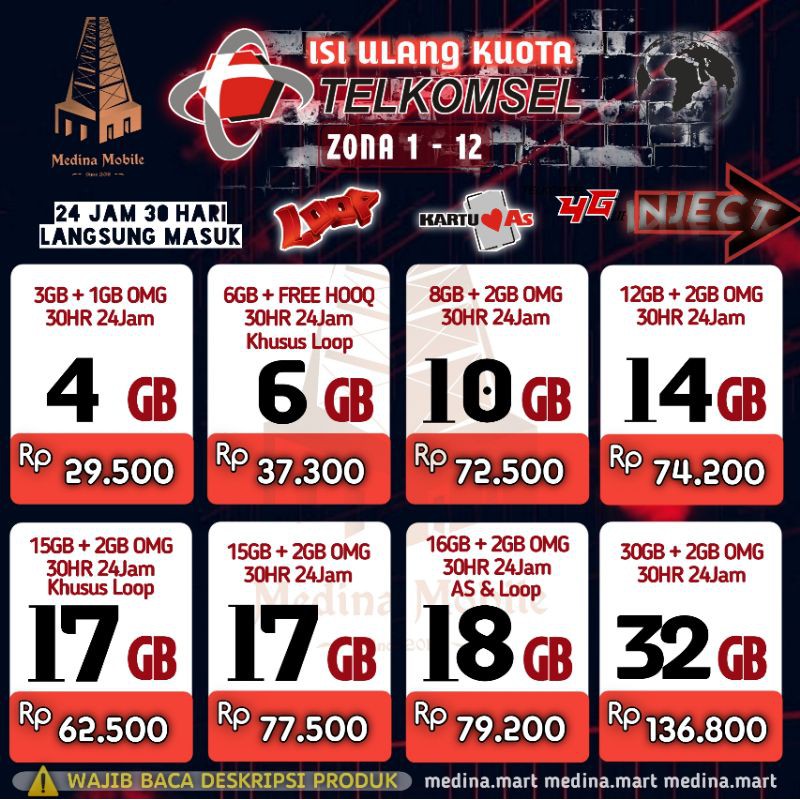 INJECT ISI ULANG KUOTA DATA TELKOMSEL KARTU AS & LOOP ZONA 1-12 TERMURAH