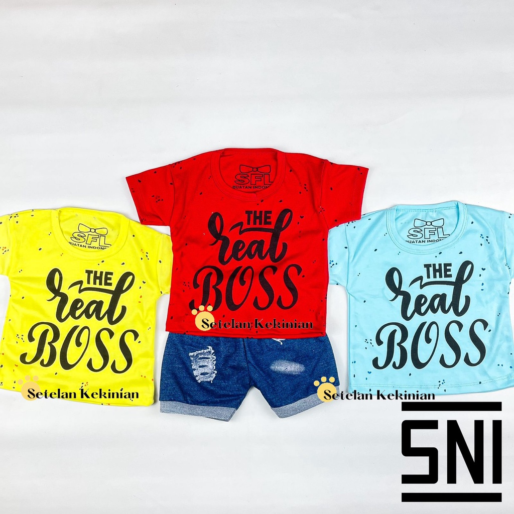 [SK] Set Anak Laki Laki 0-12Bln Baju Oblong Celana Pendek Murah The Real Boss Set Baby Boy Kaos Retro Setelan Bayi Cowok