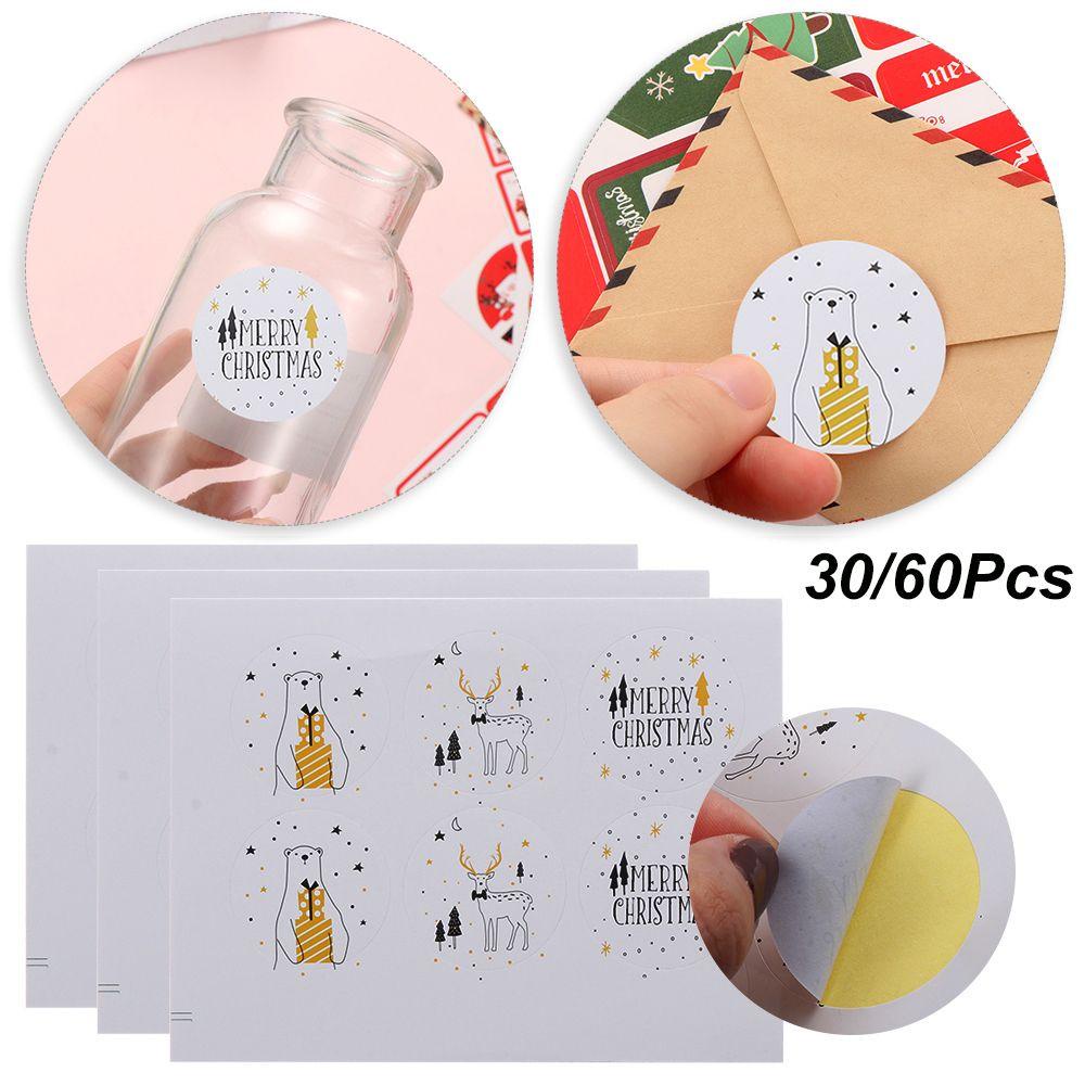 Populer 30/60Pcs Kertas Hadiah Stiker Hiasan Kue Elk Gift Box Bear &amp; Deer Festival Dekorasi Sealing Craft Merry Christmas