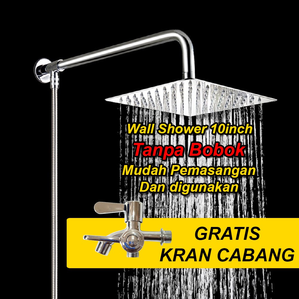 Wall Shower Rainfall 8 inch Stainless Satu Set  / Wall Shower Tanpa Bobok Gratis Kran Cabang / Shower Kencang Tanpang Pompa