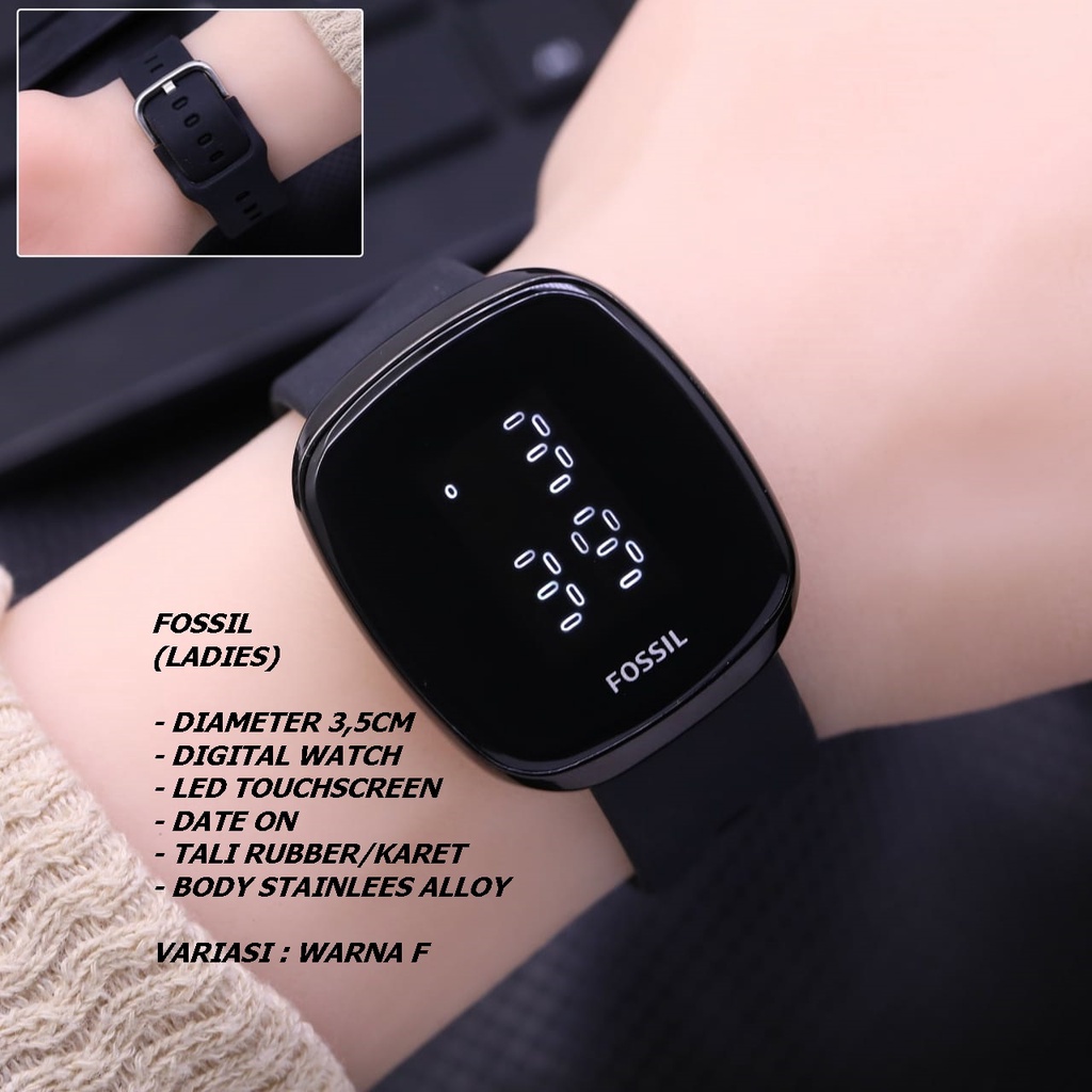 JAM TANGAN WANITA FASHION TALI RUBBER BODY SEGI HITAM LED TANGGAL AKTIF