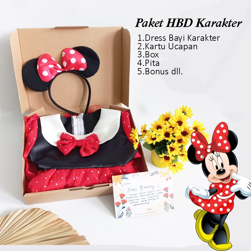 Paket HBD Elsa Kado Ulang Tahun Baju Dress Gaun Bayi Murah Minnie Snow White Promo KA01