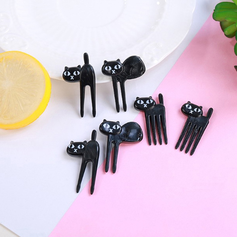 6 Pcs Garpu Buah Desain Kucing Hitam Untuk Dekorasi dessert