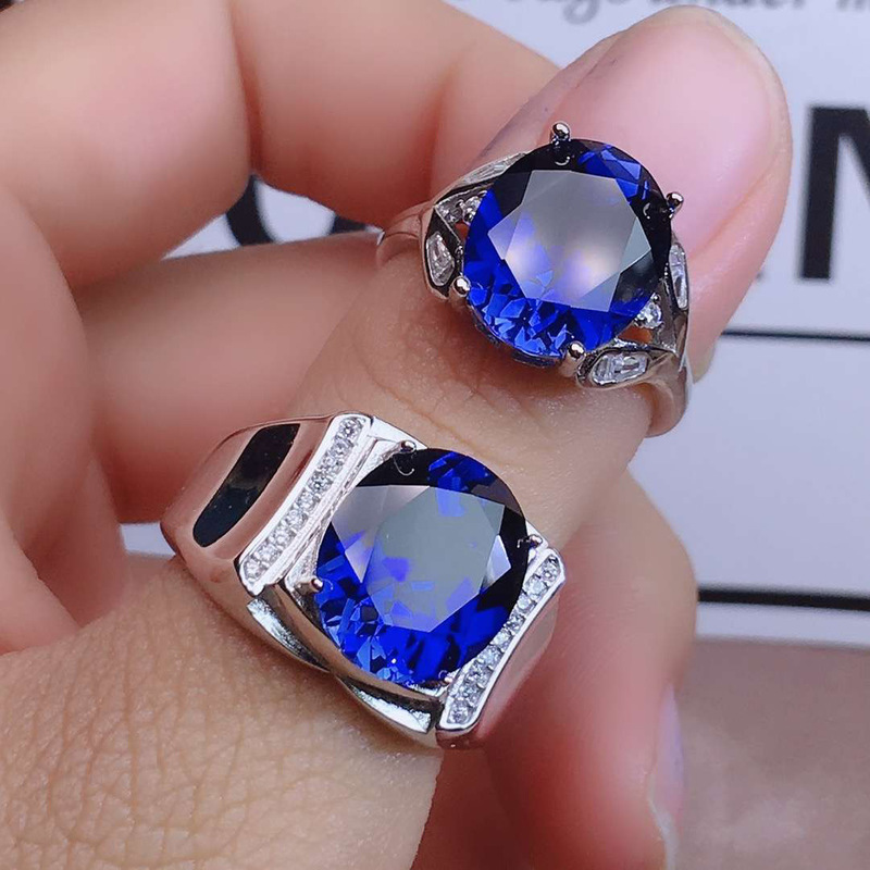 Cincin Pasangan Berlian Baja Titanium Safir Perak Pria Wanita Fashion Pernikahan Kristal Biru Couple Rings