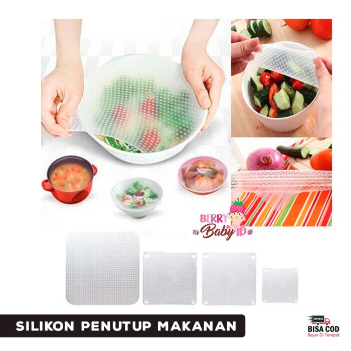 Berry Mart Silikon Pelindung Makanan 4 Pcs Silicone Stretch Food Cling Film Wrap Berry Mart