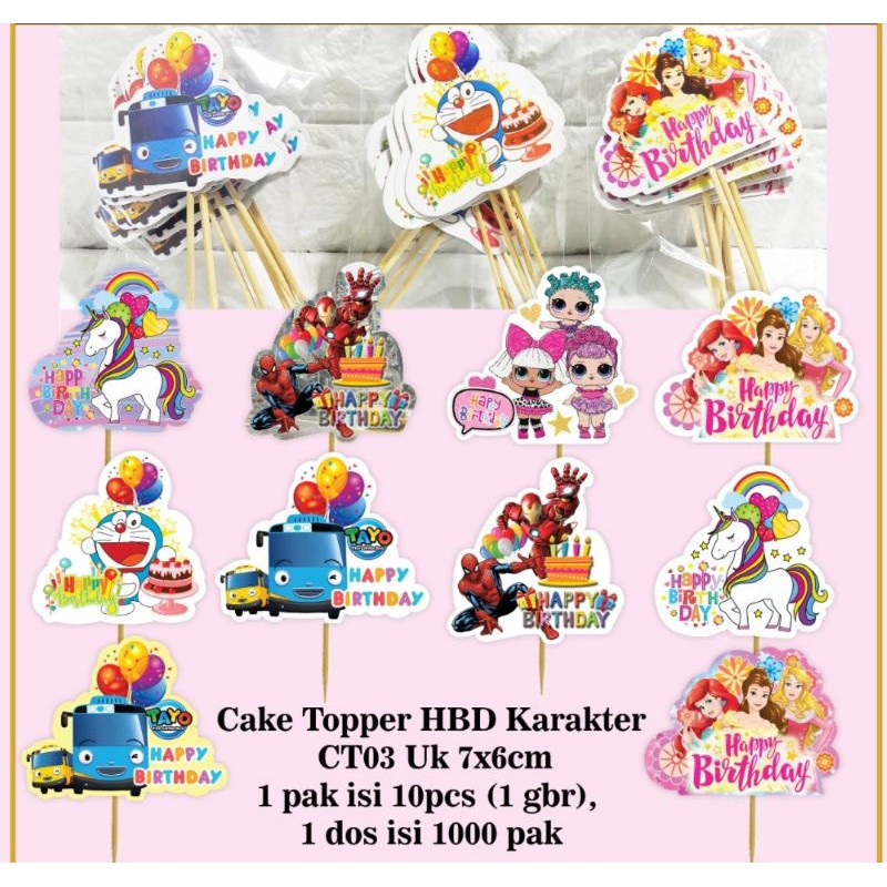 CAKE TOPPER HAPPY BIRTHDAY KARAKTER ISI 10 PCS / CAKE TOPPER HBD KARAKTER / HIASAN KUE KARAKTER / CA