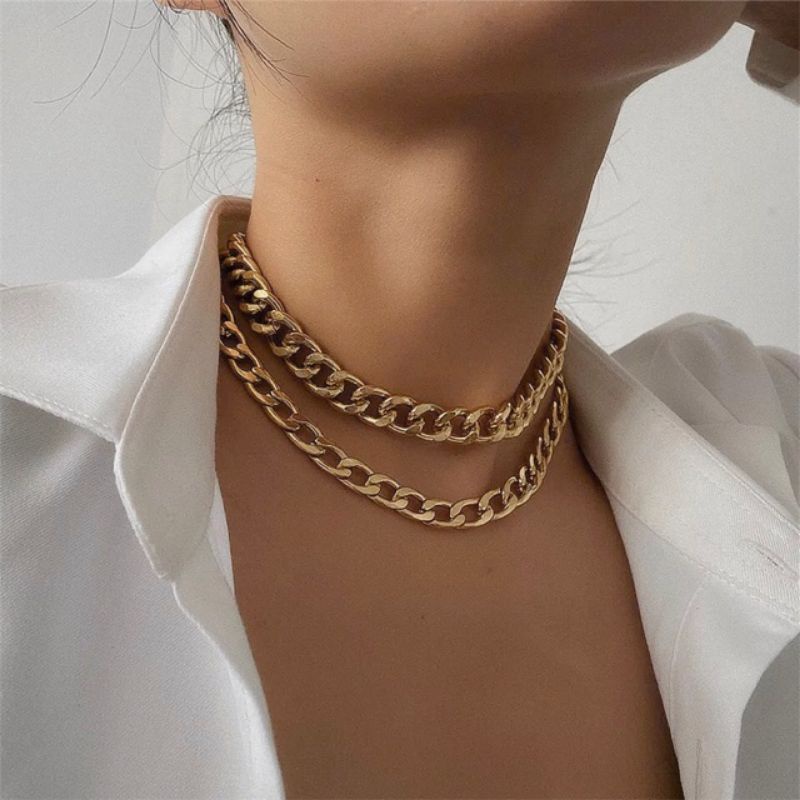 Kalung Double Layer Big Retro Chain Necklace Rantai Besar Jumbo Multilayer Kalung Tumpuk Dua Lapis