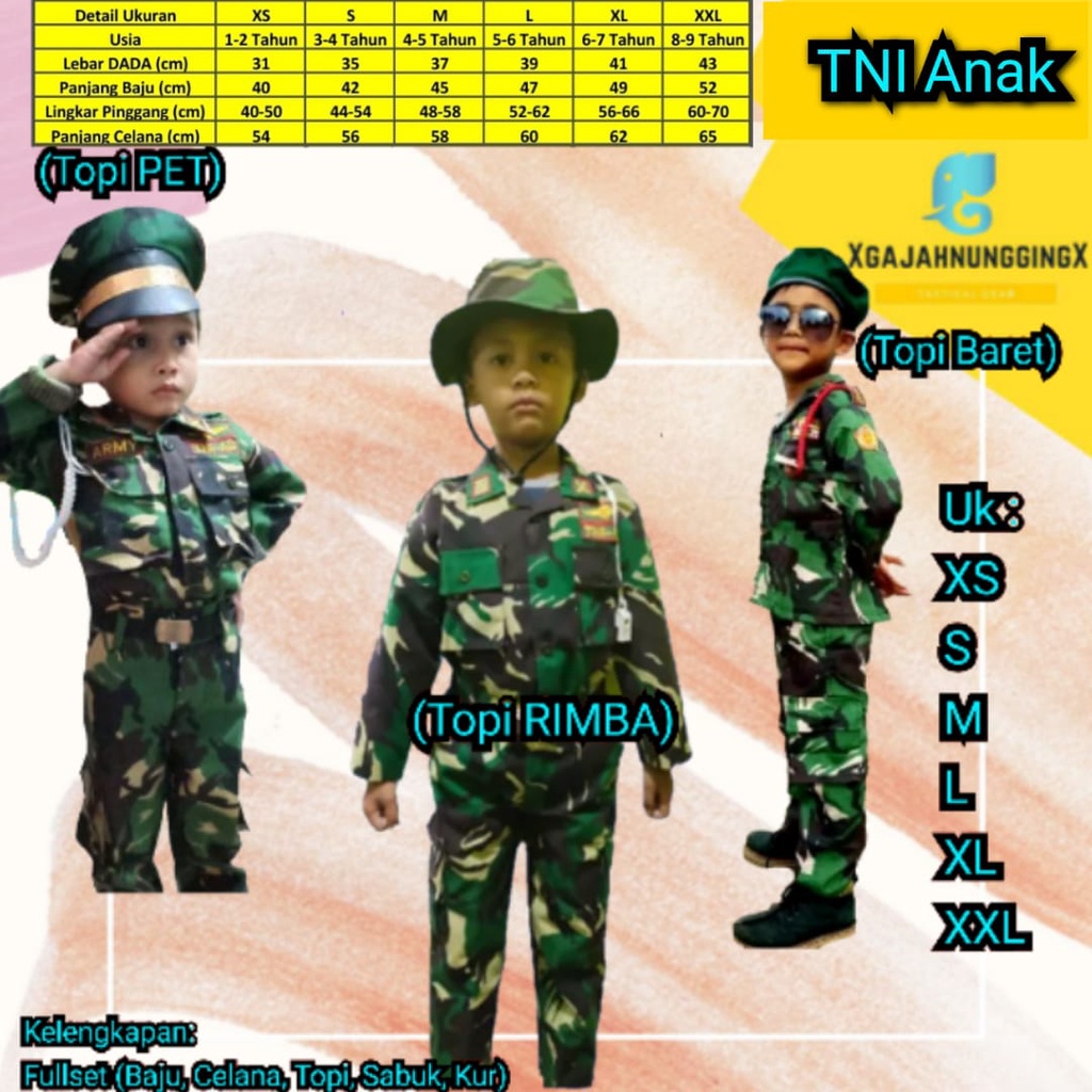 AZS Official - Seragam Karnaval TNI Anak Laki Perempuan Topi Pet Baret Merah Baret Hijau Topi Rimba 