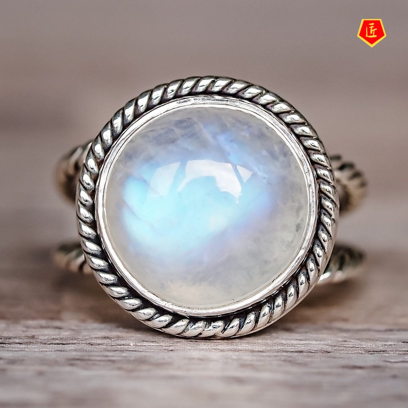 [Ready Stock]Round Moonstone Ring Vintage Silver Exaggerated Punk