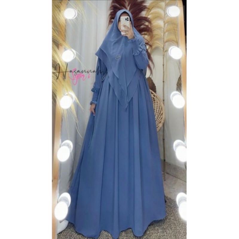 Gamis syari hasanah bahan ceruty baby doll premium full furing / busui / resleting-Biru denim