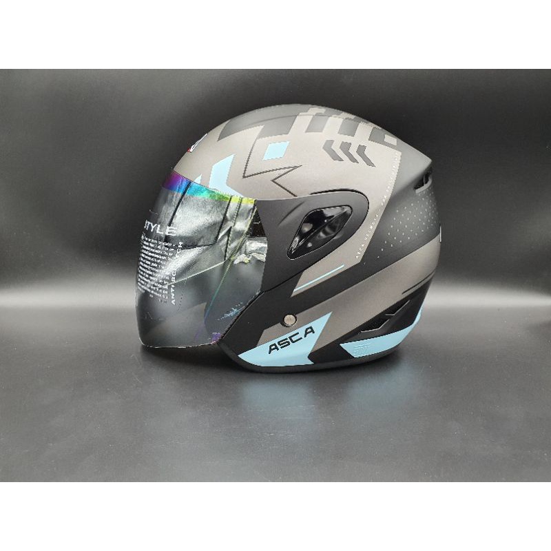 HELM HALF FACE ASCA STRIKE MOTIF ARROW BLACK BLUE DOFF (kaca pelangi)