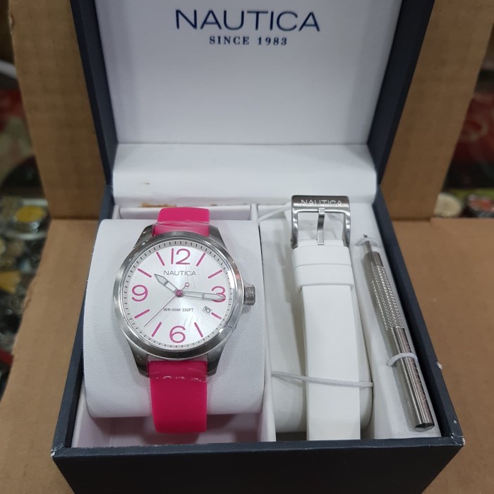 Jam tangan wanita Nautica NA 109503 rubber silver pink / white Original