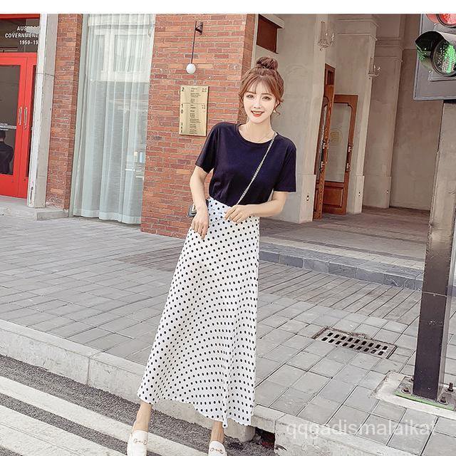 Rok polka dot pinggang tinggi wanita Korea sifon rok A-line rok panjang