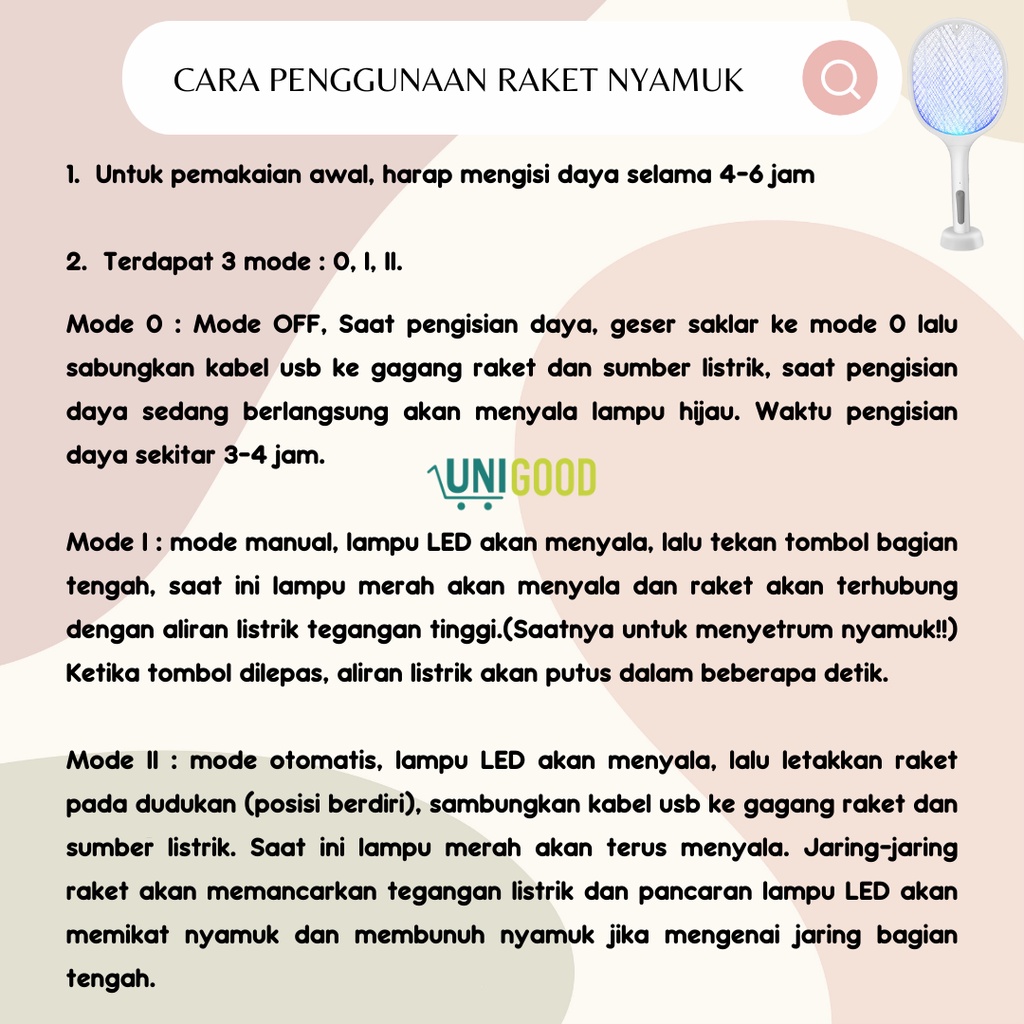 UNIGOOD - Raket Nyamuk Elektrik LED UV 2in1 Otomatis Bisa Berdiri