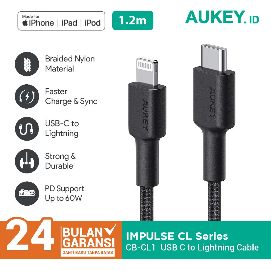 Aukey Cable CB-CL1 MFi 1,2M USB-C to Lightning Braided Black - 500368