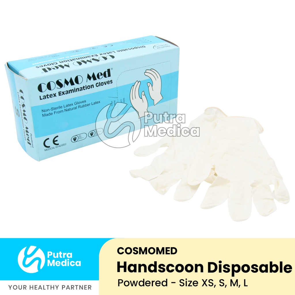 Cosmomed Handscoon Latex Disposable Powdered [Putih] - 1 Box / Sarung Tangan Karet Latex