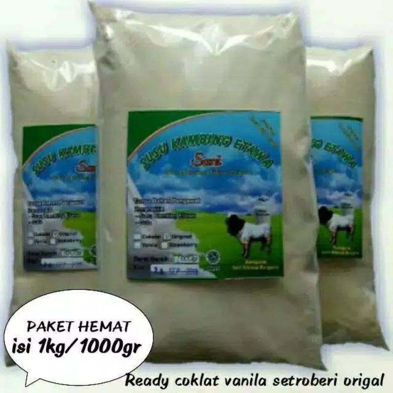 

Susu Kambing Etawa 1kg Grade 1 Bubuk Aneka Rasa Coklat Vanila Strobery dan Original