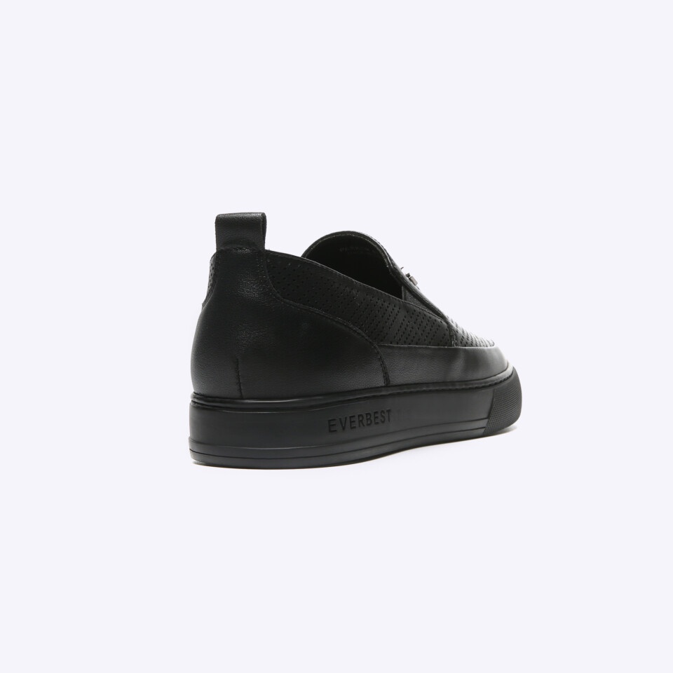 SEPATU SLIP ON EVERBEST PRIA ORIGINAL CASUAL KULIT ASLI BRANDED ALL FULL BLACK LEATHER HITAM POLOS EM03