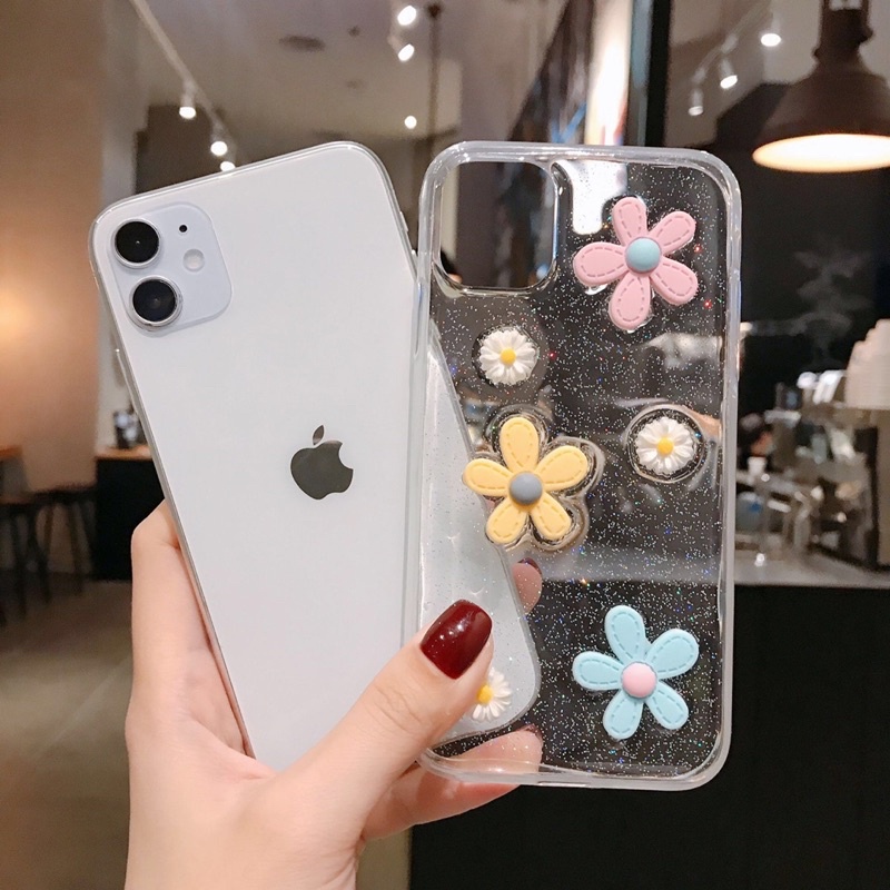 Glittery Transparant Flower Softcase Polos iphone 7/8+ XS XS Max XR 11 Pro Max 12 Pro Max