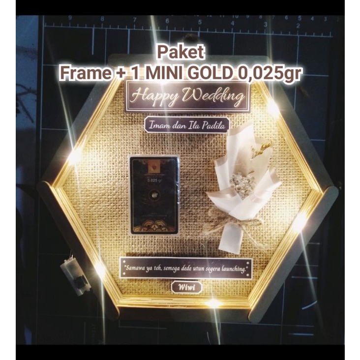 Mini Gold 0,025gr, 0,05gr, 0,1gr in Hexa Frame (Free Giftbox Rustic)| Mini Gold in Frame | Kado Pernikahan, Kado Ulang Tahun, Wisuda, Anniversary, dll. kekinian bingkai hexagonal stik es krim-Isi 1 MG 0,025gr